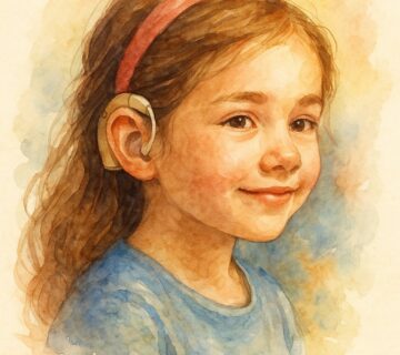 Child with hearing aid receiving speech therapy for hearing loss in Dubai