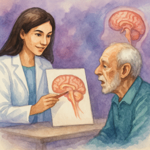 Speech therapy for neurological speech disorders in Dubai – watercolor illustration of therapist and elderly patient