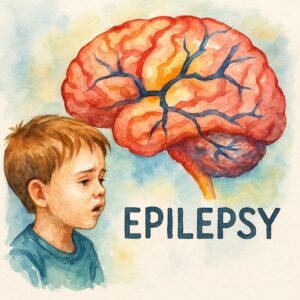 Child with epilepsy and brain illustration – speech therapy article by Dr. Azizreza Ghasemzadeh in Dubai