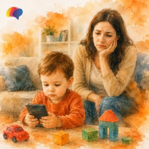 Screen Time and Speech Delay in toddlers using smartphones while a concerned mother watches