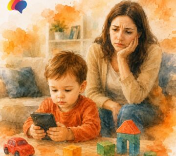 Screen Time and Speech Delay in toddlers using smartphones while a concerned mother watches